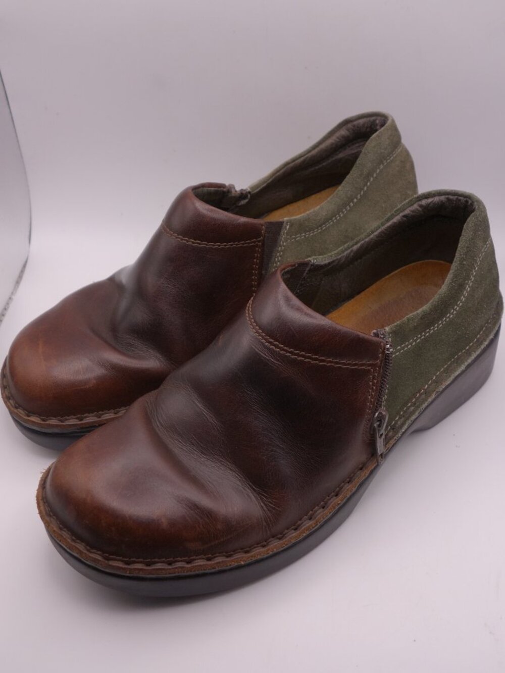 Naot Brown Green Two-Tone Leather Suede Clog Mules 36